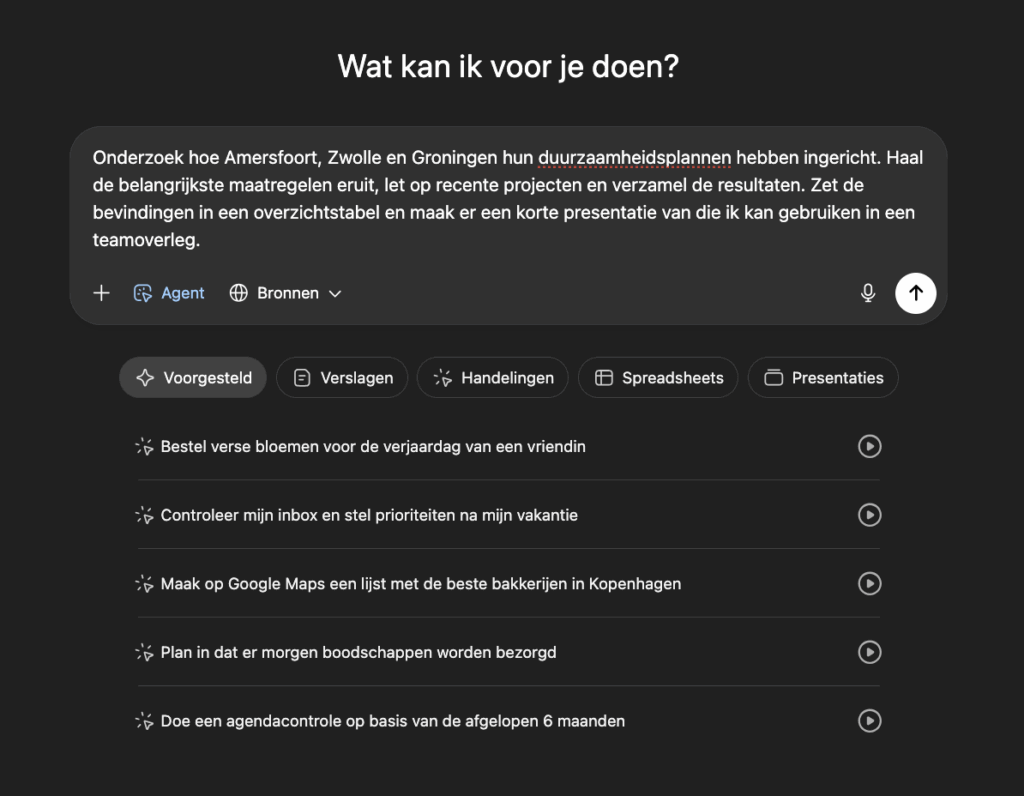 Voorbeeldopdracht aan ChatGPT Agent